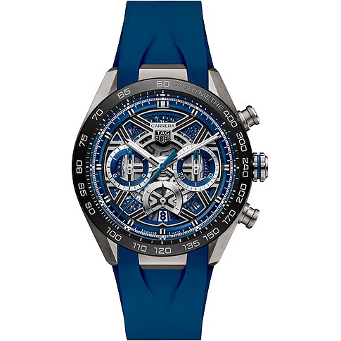 TAG Heuer Herrenuhr mit Edelstahlgehäuse, blauem Zifferblatt und blauem Armband.