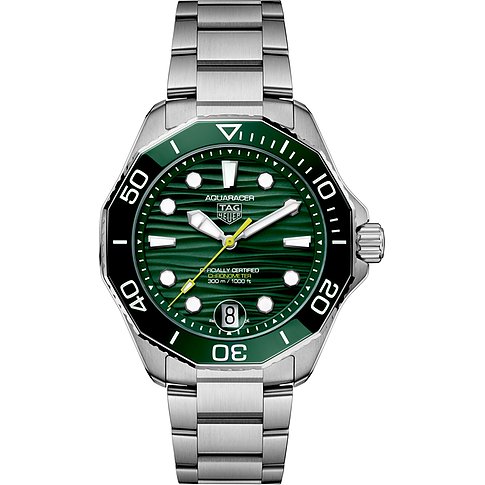 TAG Heuer Herrenuhr mit Edelstahlgehäuse, grünem Zifferblatt und grüner Lünette.