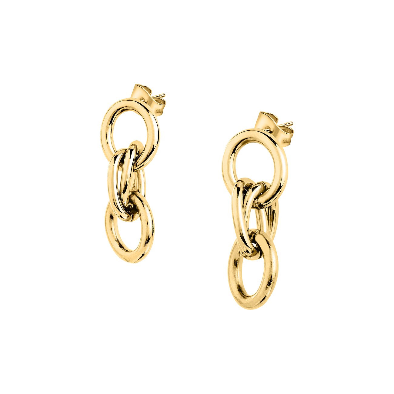 FAVS Ohrschmuck: Zwei glänzende, goldfarbene Ohrringe aus aneinandergereihten Kettengliedern.