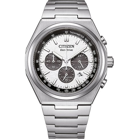 Citizen Herrenuhr mit Titangehäuse, analog, mit Chronograph und weißem Zifferblatt.