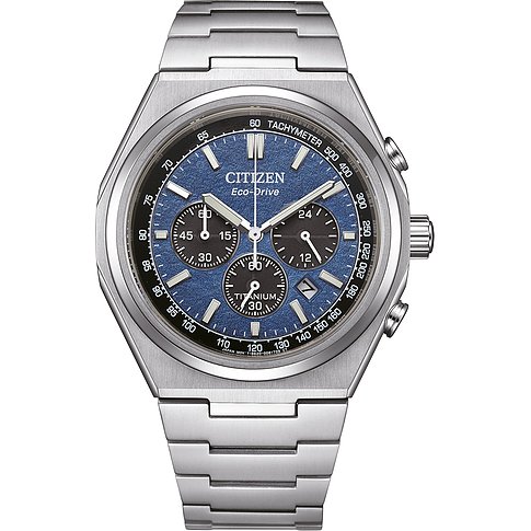 Citizen Herrenuhr mit Titan-Gehäuse, blauem Zifferblatt und Chronograph.