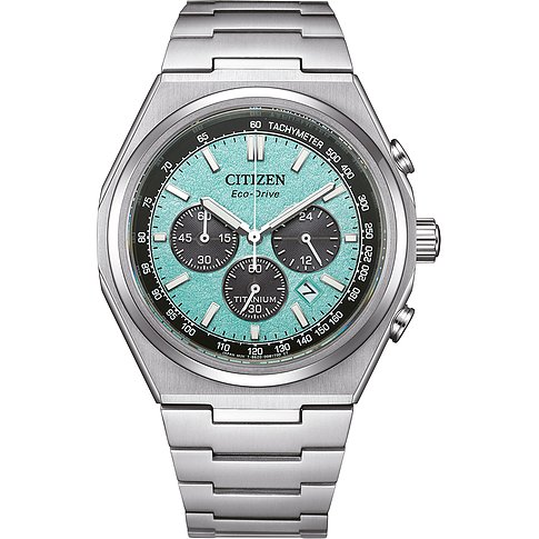 Citizen Herrenuhr mit Titan-Gehäuse, türkisem Zifferblatt und Chronograph.