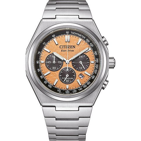 Citizen Herrenuhr mit Titan-Gehäuse, orangefarbenes Zifferblatt, analog mit drei Totalisatoren.