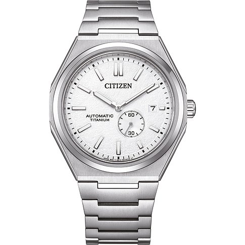 Citizen Herrenuhr mit Titangehäuse, weißem Zifferblatt und Automatikwerk.