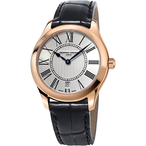 Frederique Constant Damenuhr mit roségoldfarbenem Gehäuse und römischen Ziffern.
