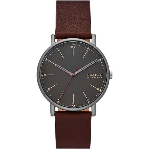 Skagen Herrenuhr mit Edelstahlgehäuse, grauem Zifferblatt und braunem Lederarmband.