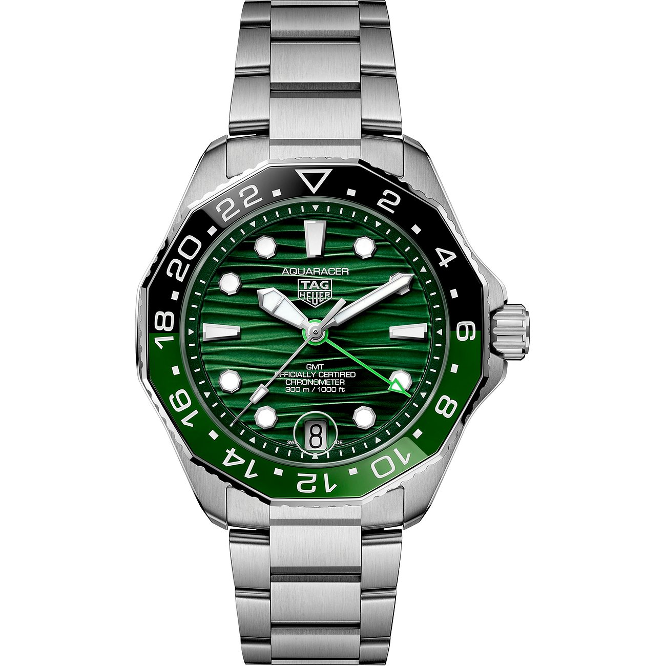 TAG Heuer Herrenuhr mit Edelstahlgehäuse und grüner Lünette, analog.
