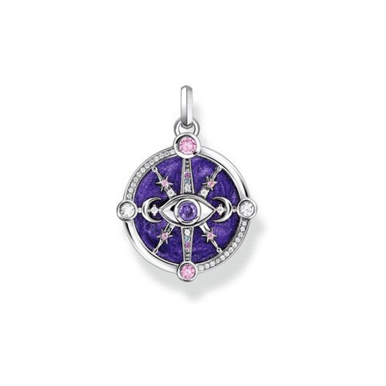 Thomas Sabo Anhängerschmuck aus 925er Silber und Emaille mit einem violetten Glasstein in der Mitte.