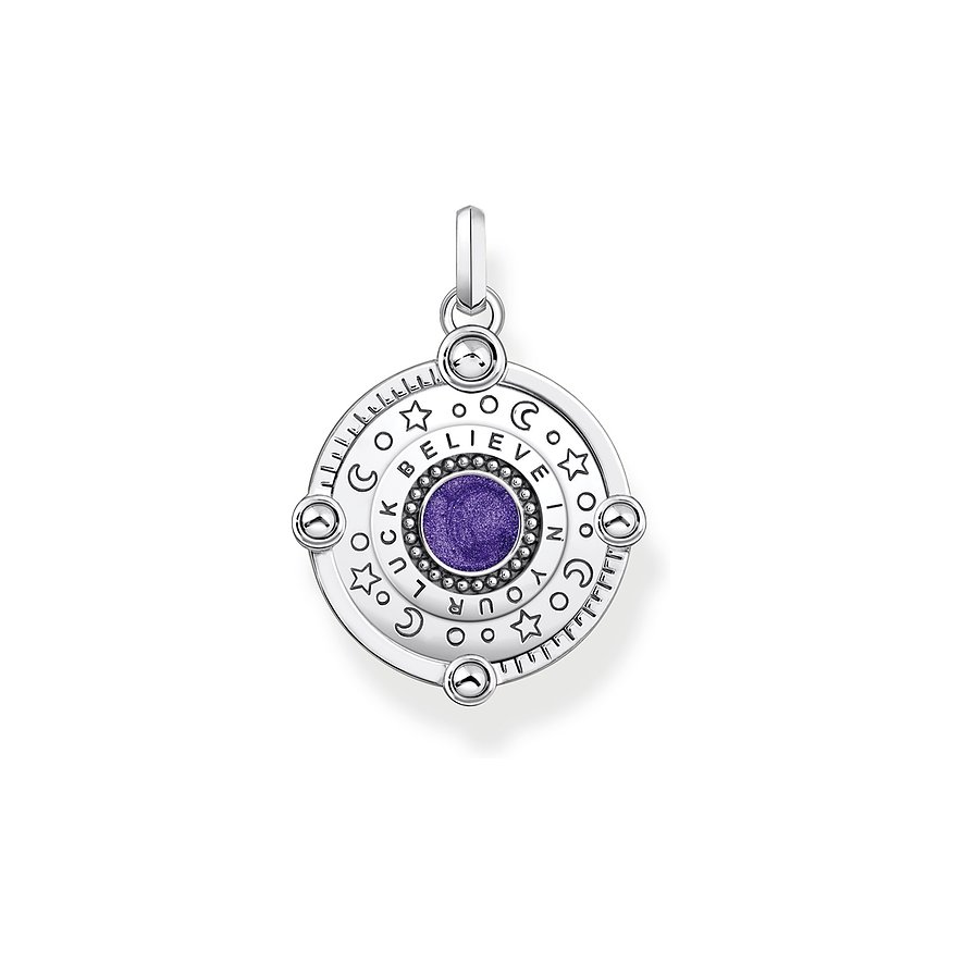 Thomas Sabo Anhängerschmuck aus 925er Silber und Emaille mit lilafarbenem Glasstein in der Mitte.