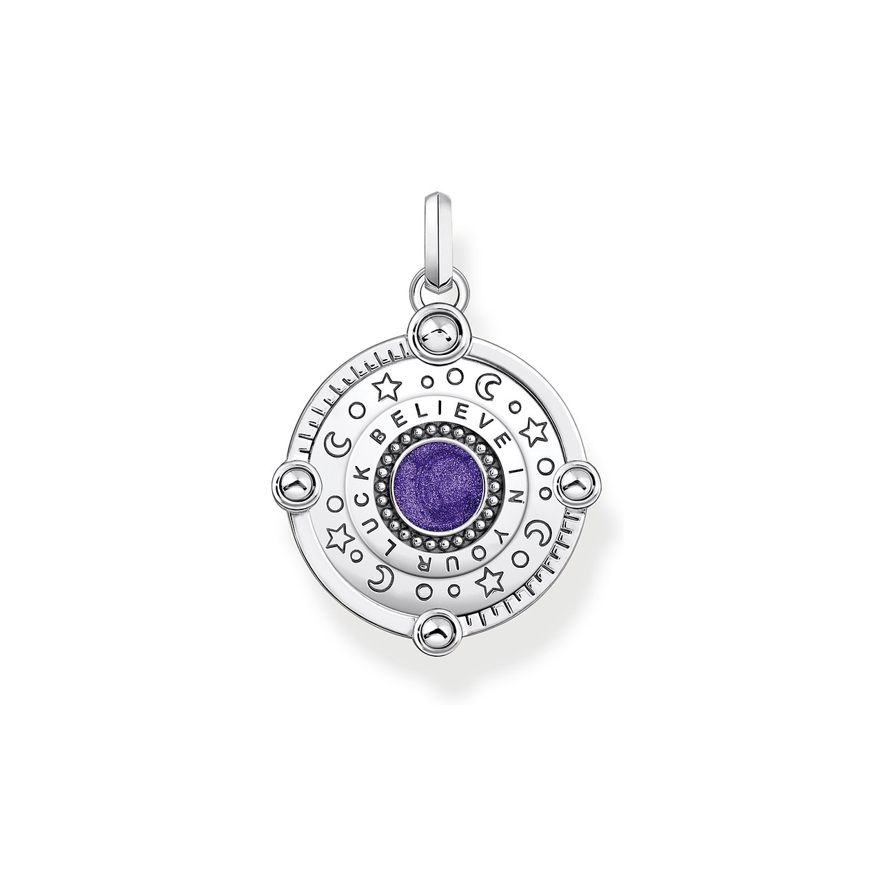 Thomas Sabo Anhängerschmuck aus 925er Silber und Emaille mit lilafarbenem Glasstein in der Mitte.