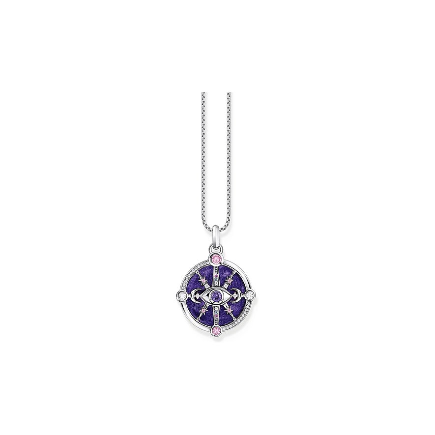 Thomas Sabo Anhängerschmuck aus 925er Silber und Emaille. Runder Anhänger mit einem lilafarbenen Glasstein in der Mitte.