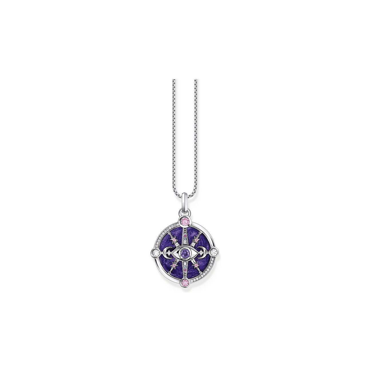 Thomas Sabo Anhängerschmuck aus 925er Silber und Emaille. Runder Anhänger mit einem lilafarbenen Glasstein in der Mitte.