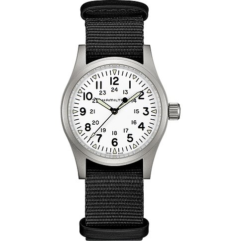 Hamilton Unisexuhr mit Edelstahlgehäuse, weißem Zifferblatt und schwarzem Armband.