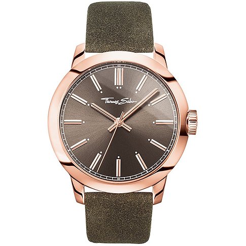 Thomas Sabo Herrenuhr mit Edelstahlgehäuse, roségoldfarben, analog, braunes Zifferblatt.