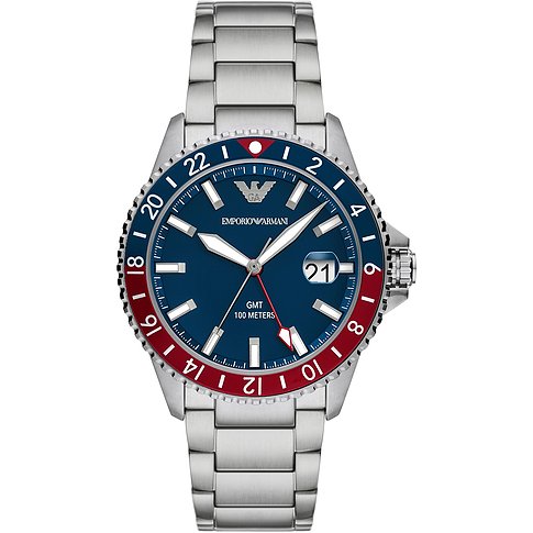 Emporio Armani Herrenuhr aus Edelstahl mit blauem Zifferblatt und rot-blauer Lünette.