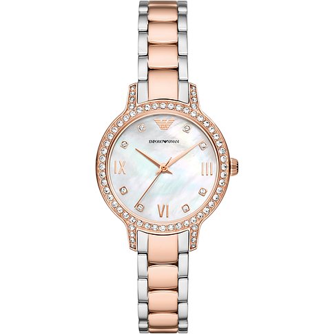 Emporio Armani Damenuhr mit Edelstahlgehäuse, bicolor, analog, mit Steinen.