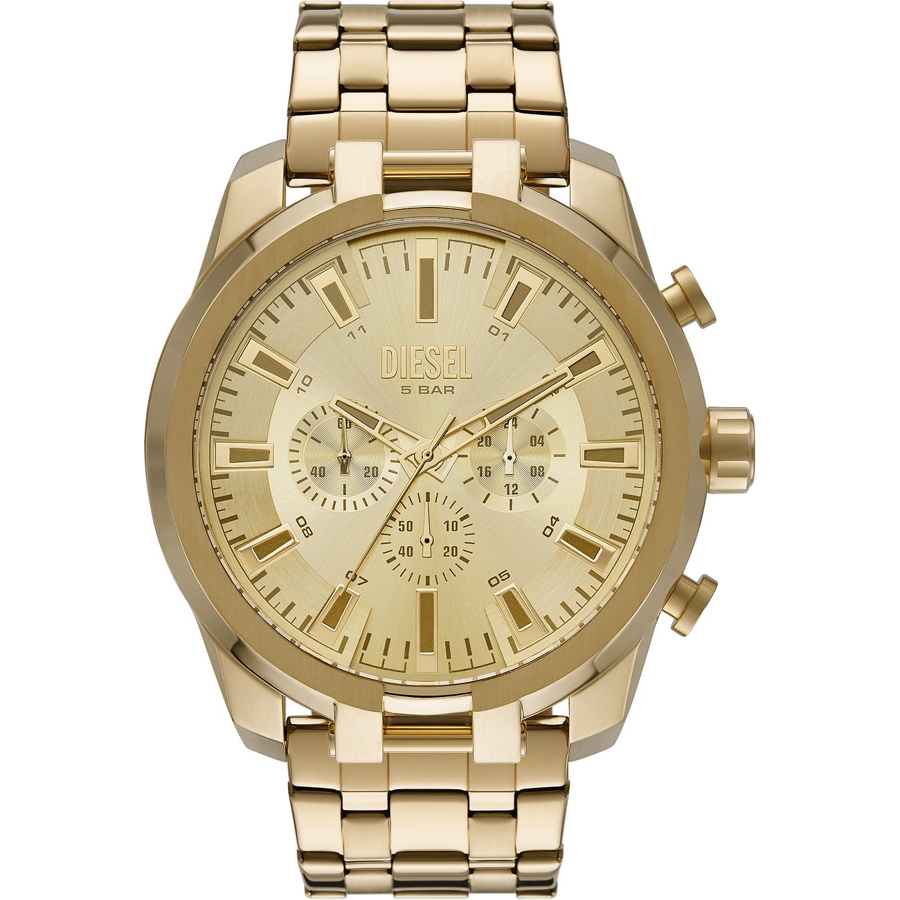 Diesel Herrenuhr mit Edelstahlgehäuse, analog, goldfarben, mit Chronograph.
