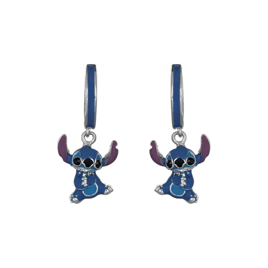 Två Disney Stitch örhängen i 925 silver, blå Stitch-hängen med lila öron och stora ögon.
