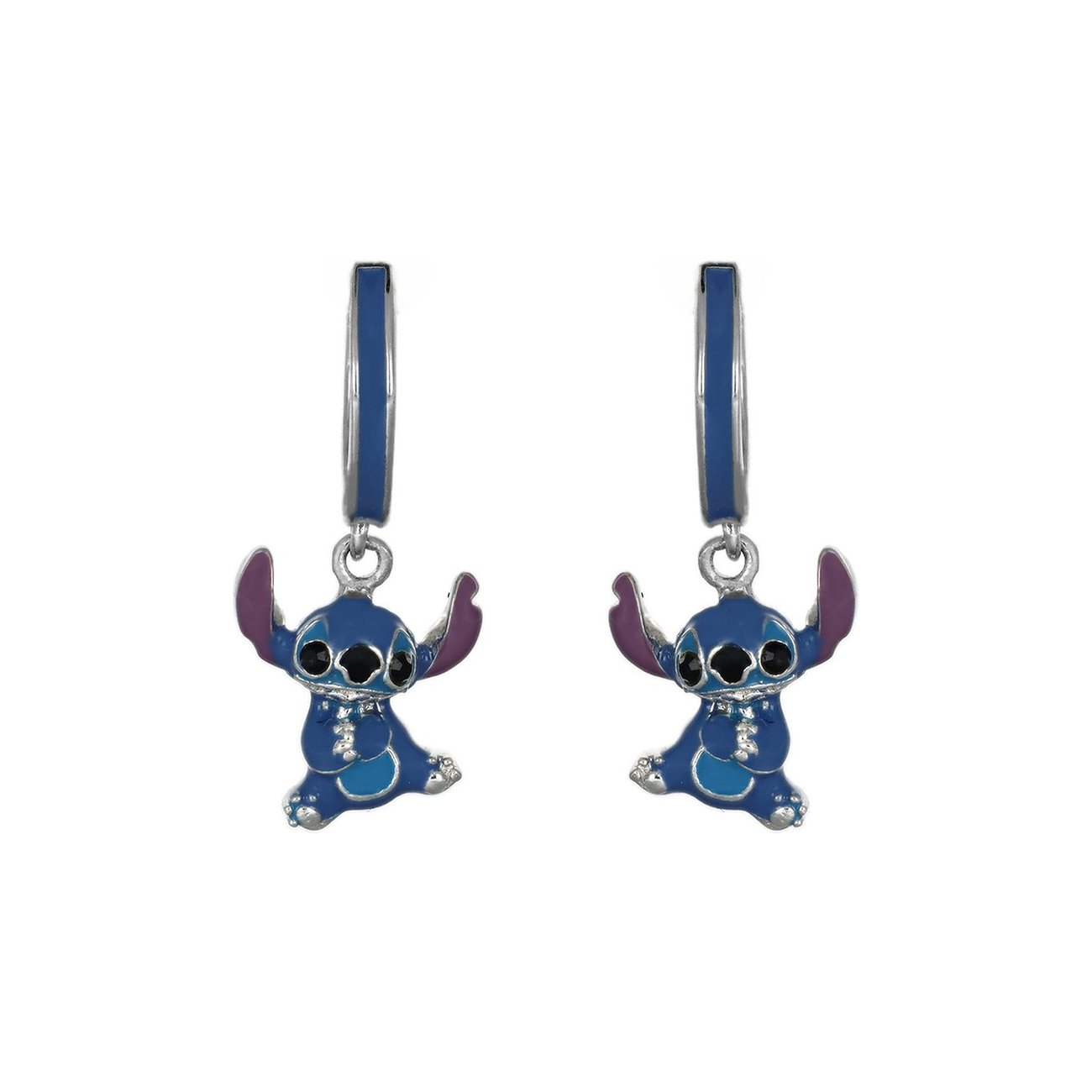Två Disney Stitch örhängen i 925 silver, blå Stitch-hängen med lila öron och stora ögon.