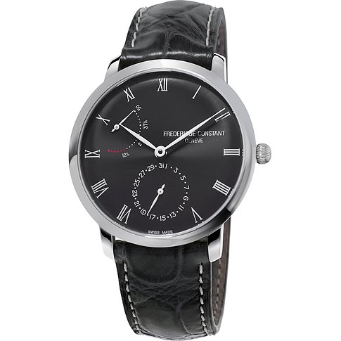 Frederique Constant Herrenuhr mit Edelstahlgehäuse, schwarzem Zifferblatt und römischen Ziffern.