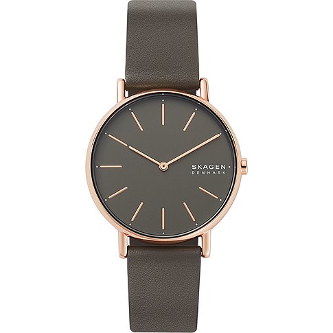 Skagen Damenuhr mit Edelstahlgehäuse, analog, mit Lederarmband und grauem Zifferblatt.