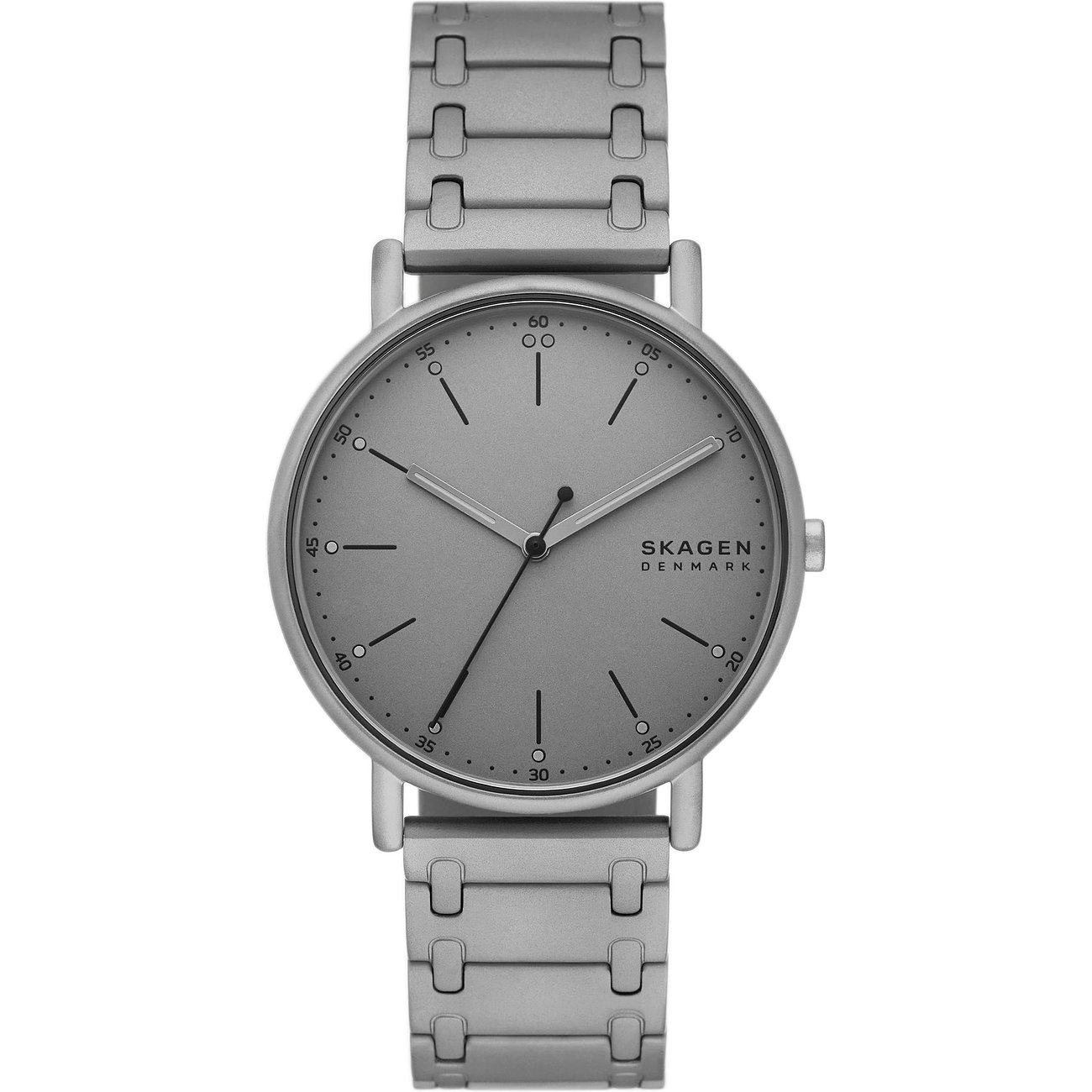 Skagen Herrenuhr mit Edelstahlgehäuse, analog, silberfarbenes Zifferblatt.