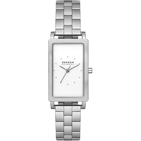 Skagen Damenuhr mit Edelstahlgehäuse, rechteckiges Gehäuse und silberfarbenes Armband.