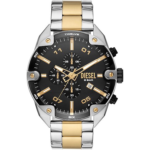 Diesel Herrenuhr mit Edelstahlgehäuse, analog, bicolor, schwarzes Zifferblatt.