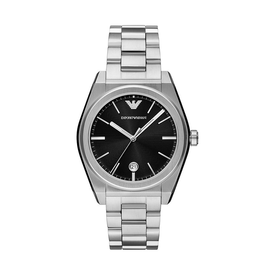 Emporio Armani Herrenuhr mit Edelstahlgehäuse, schwarzem Zifferblatt und analoger Anzeige.