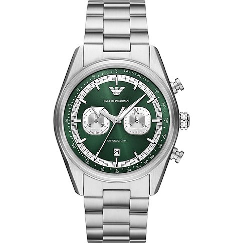 Emporio Armani Herrenuhr aus Edelstahl mit klassischem silbernen Gliederarmband und grünem Zifferblatt.