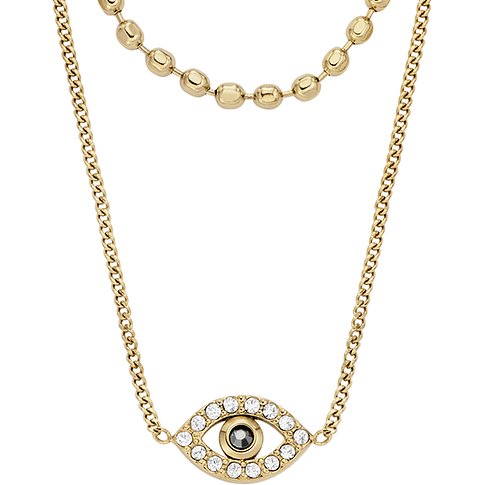 Collier Fossil pour femme en acier inoxydable avec pierres de verre et pendentif œil.