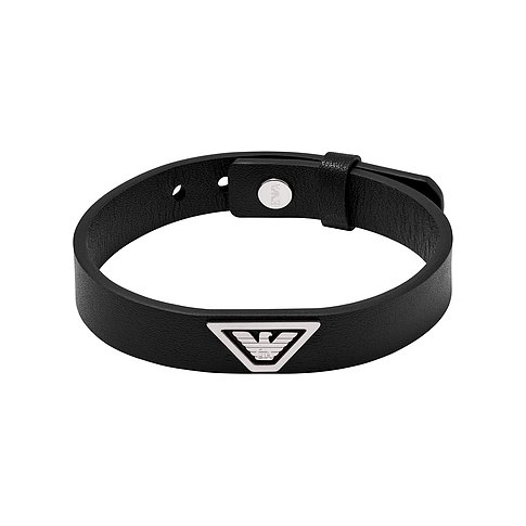 Emporio Armani Armschmuck aus schwarzem Leder und silbernem Edelstahl mit Markenlogo.