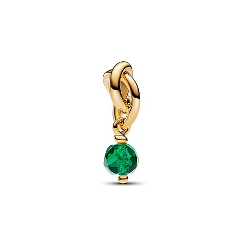 Pandora Anhängeschmuck aus goldfarbenem Metall mit grünem Kristall.