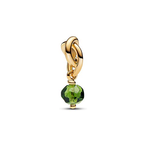 Pandora Anhängeschmuck aus goldfarbenem Metall mit grünem Kristall.