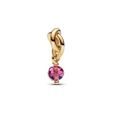Pandora Anhängeschmuck aus goldfarbenem Metall mit pinkem Kristall.