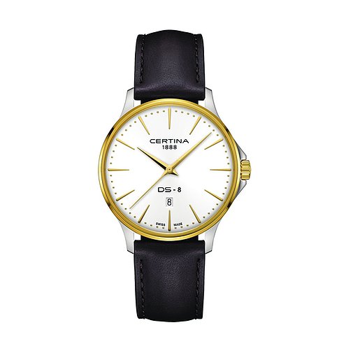 Certina Herrenuhr mit Edelstahlgehäuse, goldfarbener Lünette und weißem Zifferblatt.