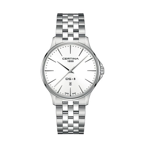 Certina Herrenuhr mit Edelstahlgehäuse, silberfarben, analog, mit Datum.
