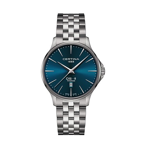 Certina Herrenuhr DS-8 Titan mit blauem Zifferblatt und Metallarmband.