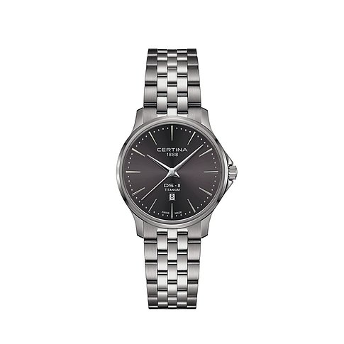 Certina Damenuhr aus Titan, analog, mit Datumsanzeige und silberfarbenem Armband.
