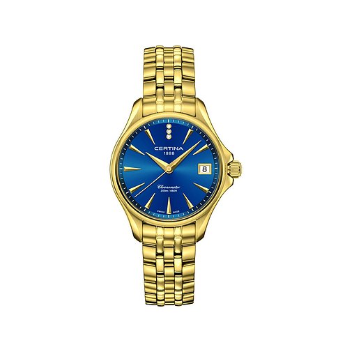 Certina Damenuhr aus Edelstahl, goldfarben, mit blauem Zifferblatt und Datum.
