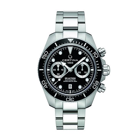 Certina Herrenuhr mit Edelstahlgehäuse, schwarzem Zifferblatt und Chronograph.