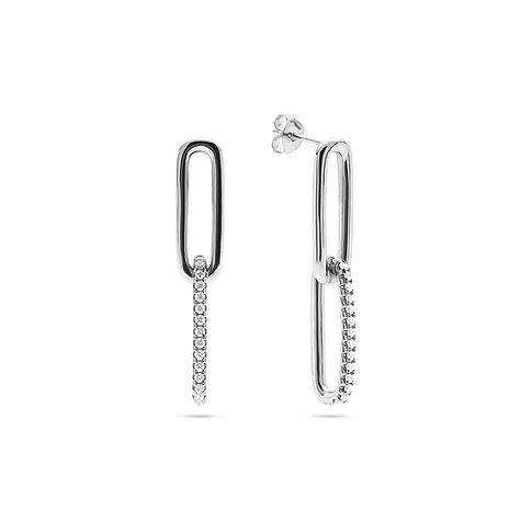 To aflange øreringe af genanvendt 925 sølv med zirkonsten på leddenes underside.