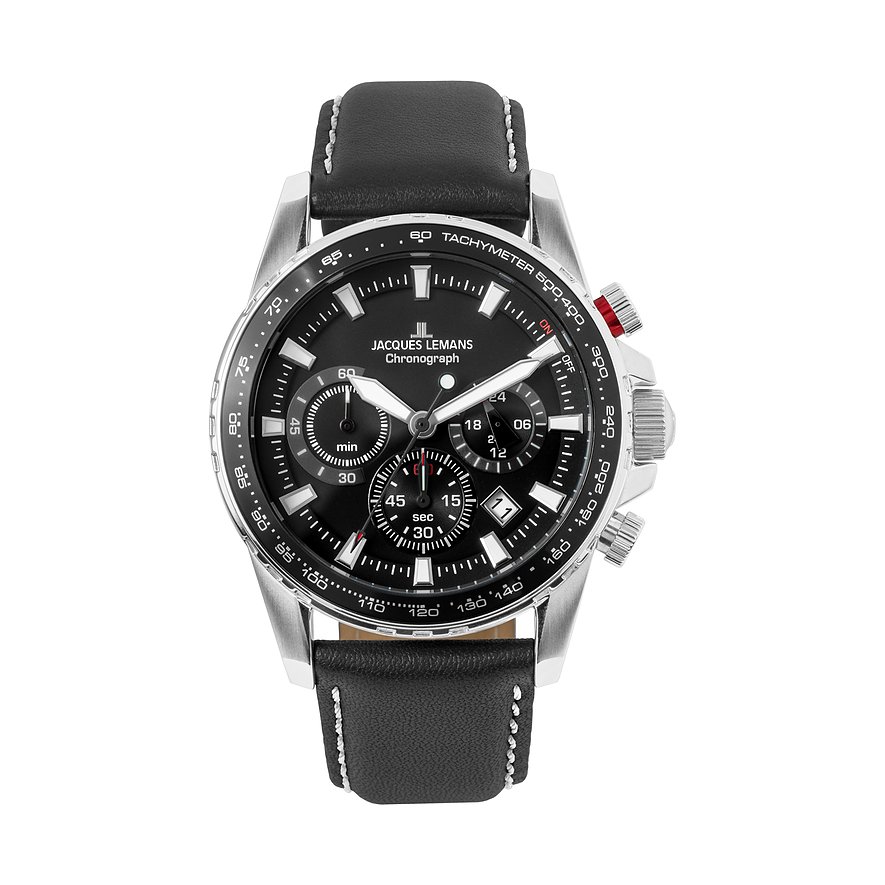 Jacques Lemans Chronograph Liverpool 1-2099A, Herren, Edelstahl, Armband: Leder, Quarz, analog