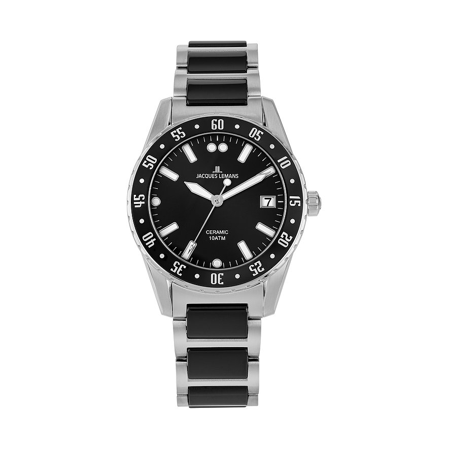 Jacques Lemans Herrenuhr Liverpool 42-10A, Herren, Edelstahl, Armband: Edelstahl, Keramik, Quarz, analog