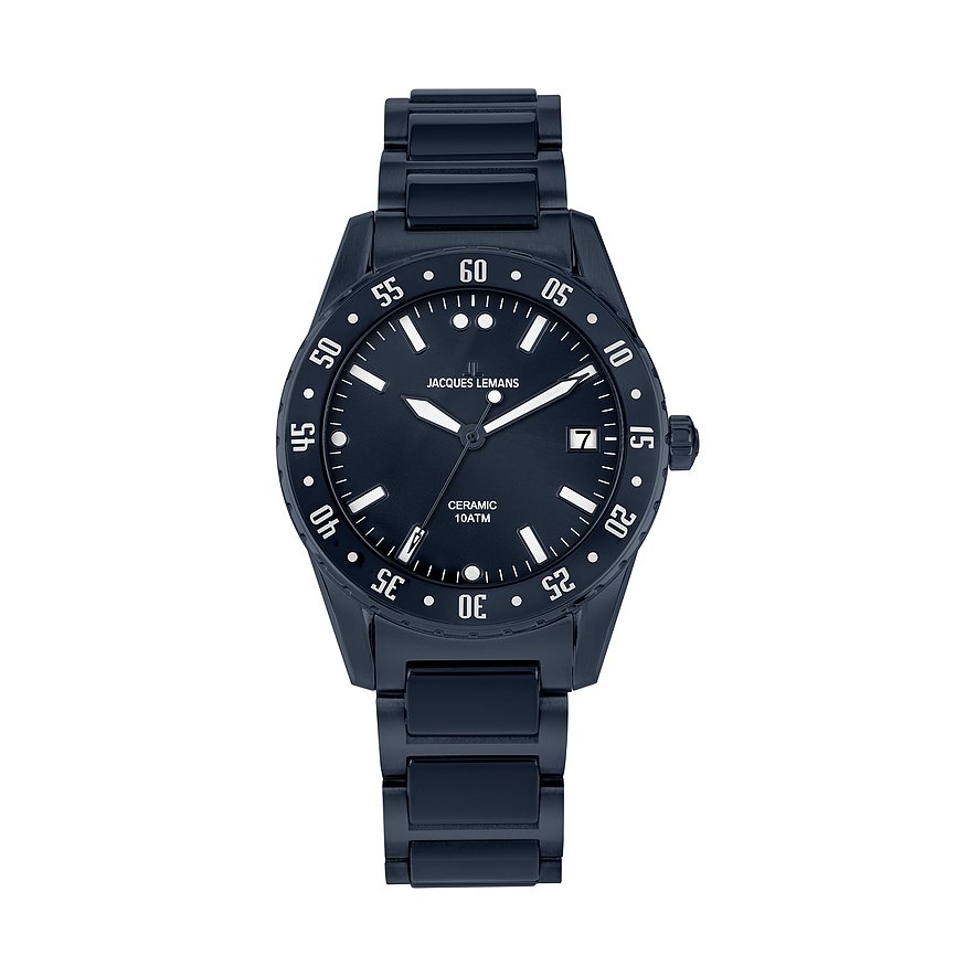 Jacques Lemans Herrenuhr Liverpool 42-10E, Herren, Edelstahl, Armband: Edelstahl, Keramik, Quarz, analog