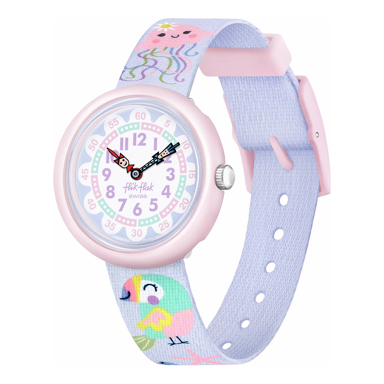 Die Flik Flak Kinder- und Jugenduhr aus Kunststoff zeigt ein rosa Zifferblatt mit verspieltem Armband.