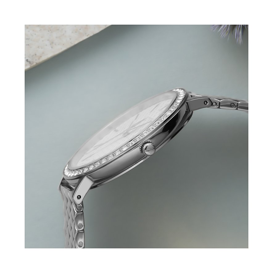 JETTE Damenuhr mit Edelstahlgehäuse, besetzt mit Kristallen, mit silberfarbenem Zifferblatt.