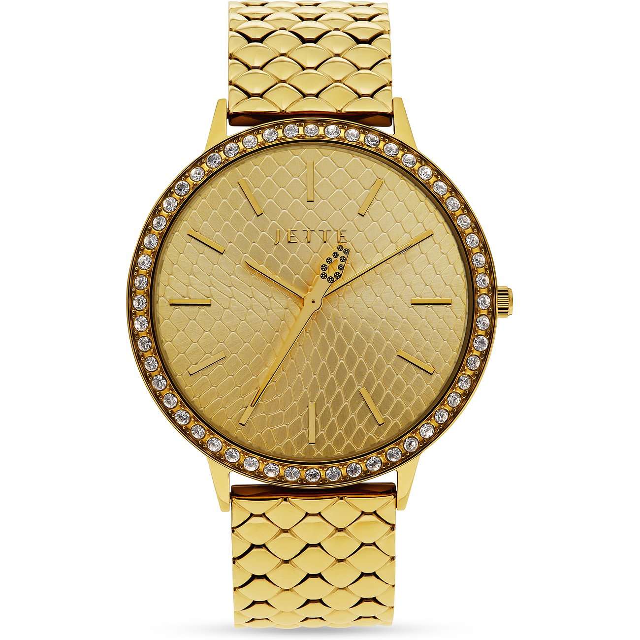 JETTE Damenuhr mit Edelstahlgehäuse, goldfarben, mit Kristallen besetzt.