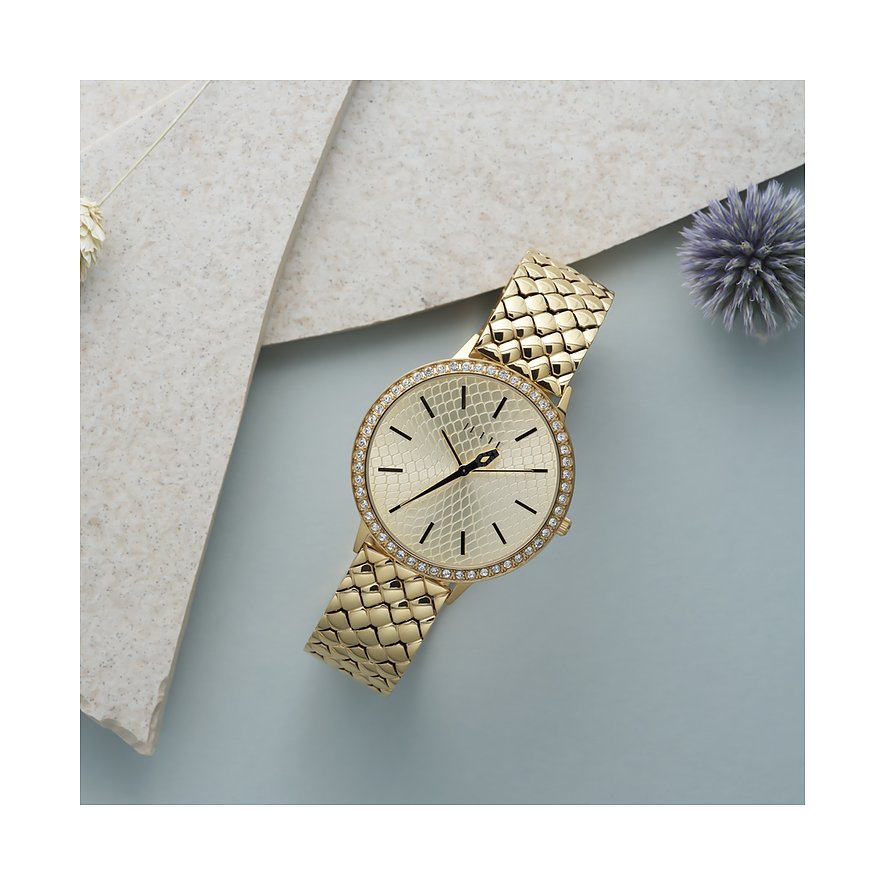 JETTE Damenuhr aus Edelstahl mit Kristallbesatz und Schuppenmuster.