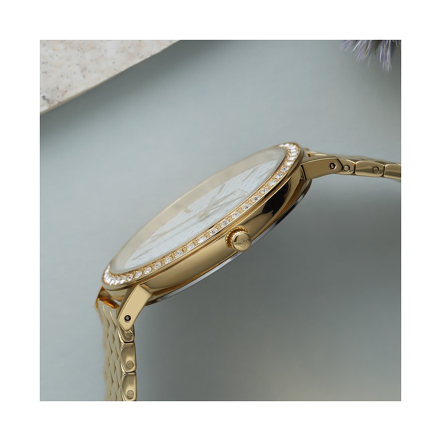 JETTE Damenuhr aus Edelstahl mit Kristallen, goldfarben, analog.